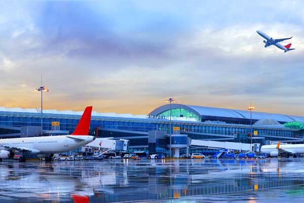 Fleet of aeroplanes in an airport
