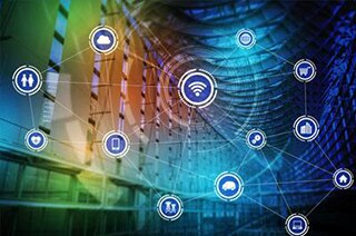 View of the modern building in the background overlaid with interconnnected technology icons in the foreground