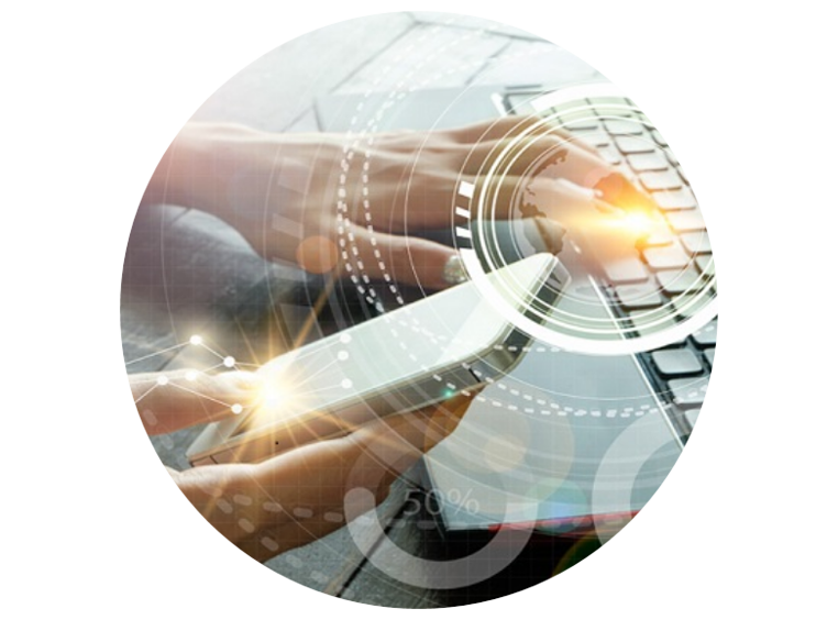 Person using a laptop and cellphone, overlaid with a graphic depicting analysis