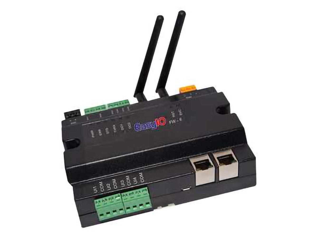 An Industrial electronic module, labeled EasyIO with connection ports and two antennas