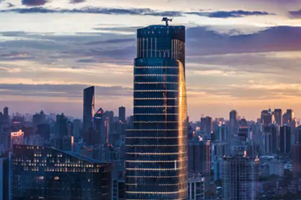 An urban cityscape at dusk.